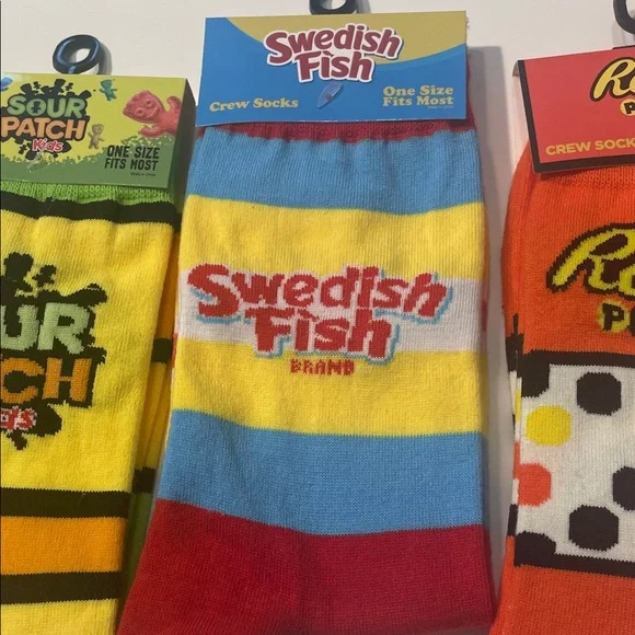 3 Sour Patch Kids, Swedish Fish, Reese's Pieces Crew Socks Set BUNDLE OF 3 - Picture 3 of 4